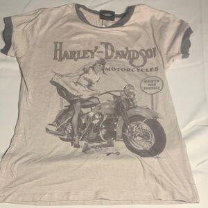 Harley-Davidson White Tee with Gray Ringer Trim and Vintage Motorcycle Graphic